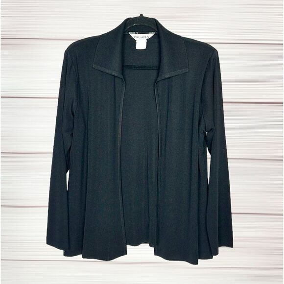 Exclusively Misook Open Front Cardigan Black Long Sleeve Collared Size L petite - Picture 1 of 9